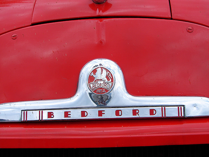 Bedford, cotxe, vell, anyada, vermell, foc, cotxe clàssic