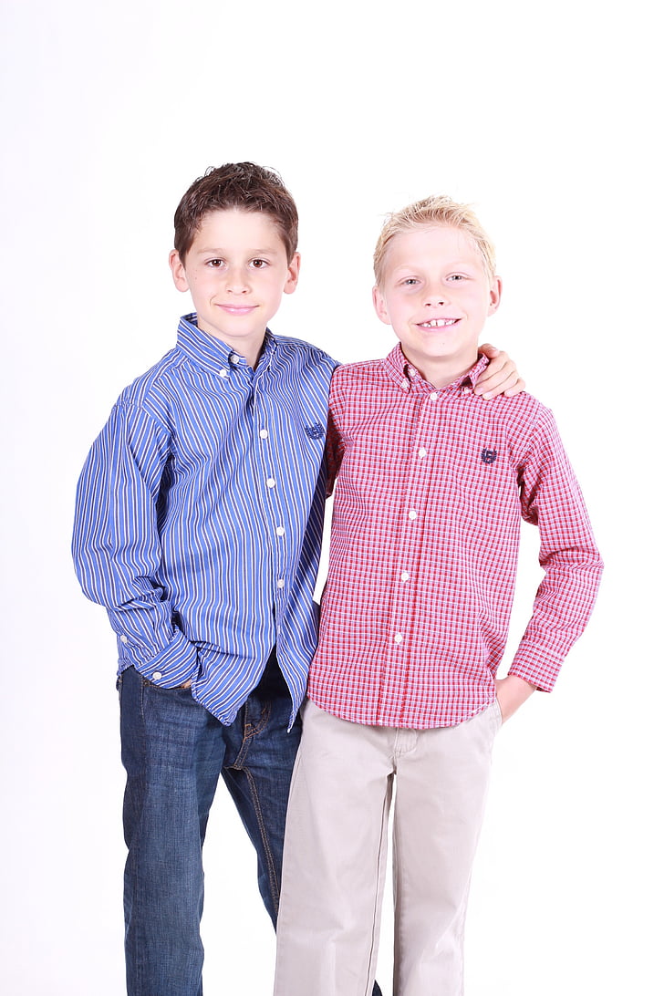 two, boys, wearing, blue, red, dress, shirts