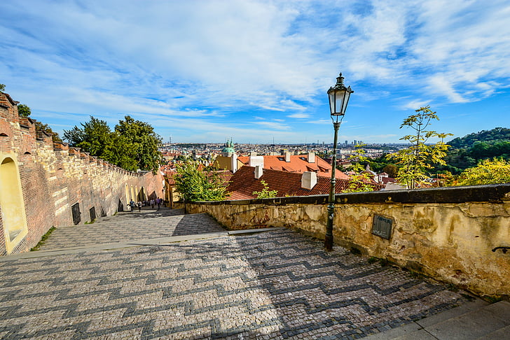 prague, staircase, stairs, view, skyline, castle, steps