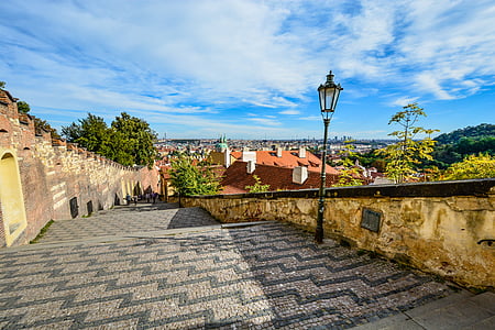 prague, staircase, stairs, view, skyline, castle, steps