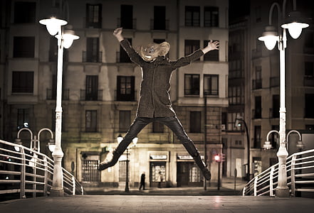 mees, elevant, Bilbao, Bridge, Street, hüpped, kevadel