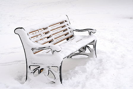 sniega, balta, ziemas, auksti, krēsls, sniegputenī, āra