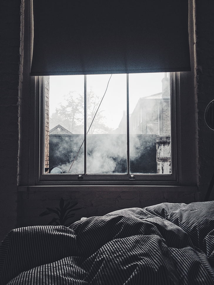 bed, bedroom, bedsheets, black-and-white, house, morning, overcast