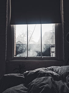 bed, bedroom, bedsheets, black-and-white, house, morning, overcast