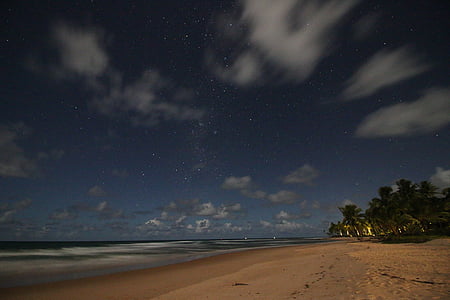 Foto, plajă, pe timp de noapte, stele, cer, nori, nture
