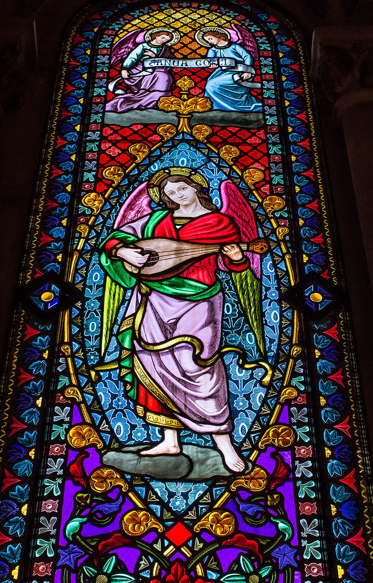 stained glass window, mosaic, monserrat, society, angel, zither