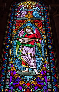 logu vitrāžas, mozaīkas, Montserrata, sabiedrība, eņģelis, cītara