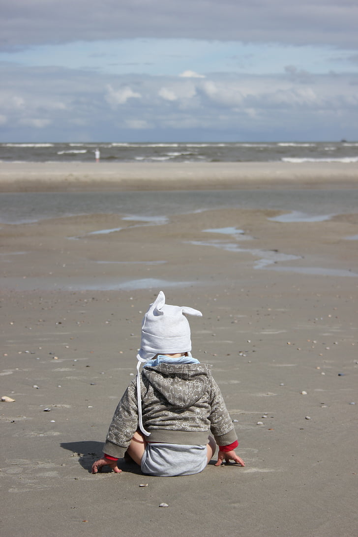 дете, плаж, Северно море, пясък, бебе, седи, възпроизвеждане на