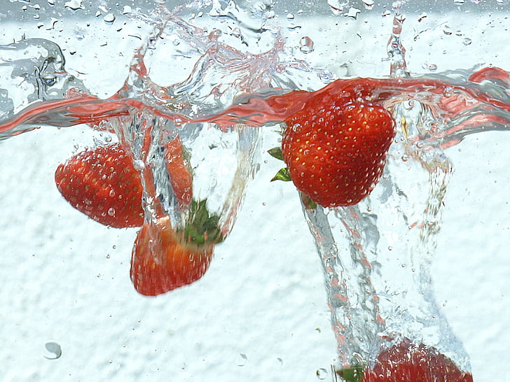 jordgubbar, vatten, röd frukt, frukt, mat, färska jordgubbar, makt