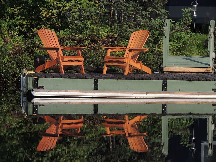 stoelen, Lake, reflectie, Québec, buitenshuis, Bank, hout - materiaal