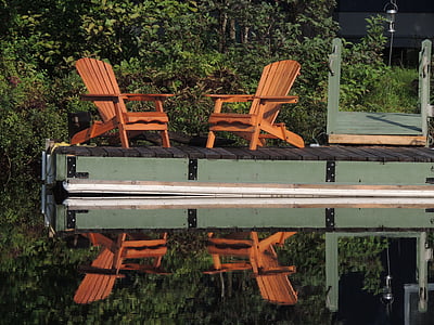 cadeiras, Lago, reflexão, Québec, ao ar livre, banco, madeira - material