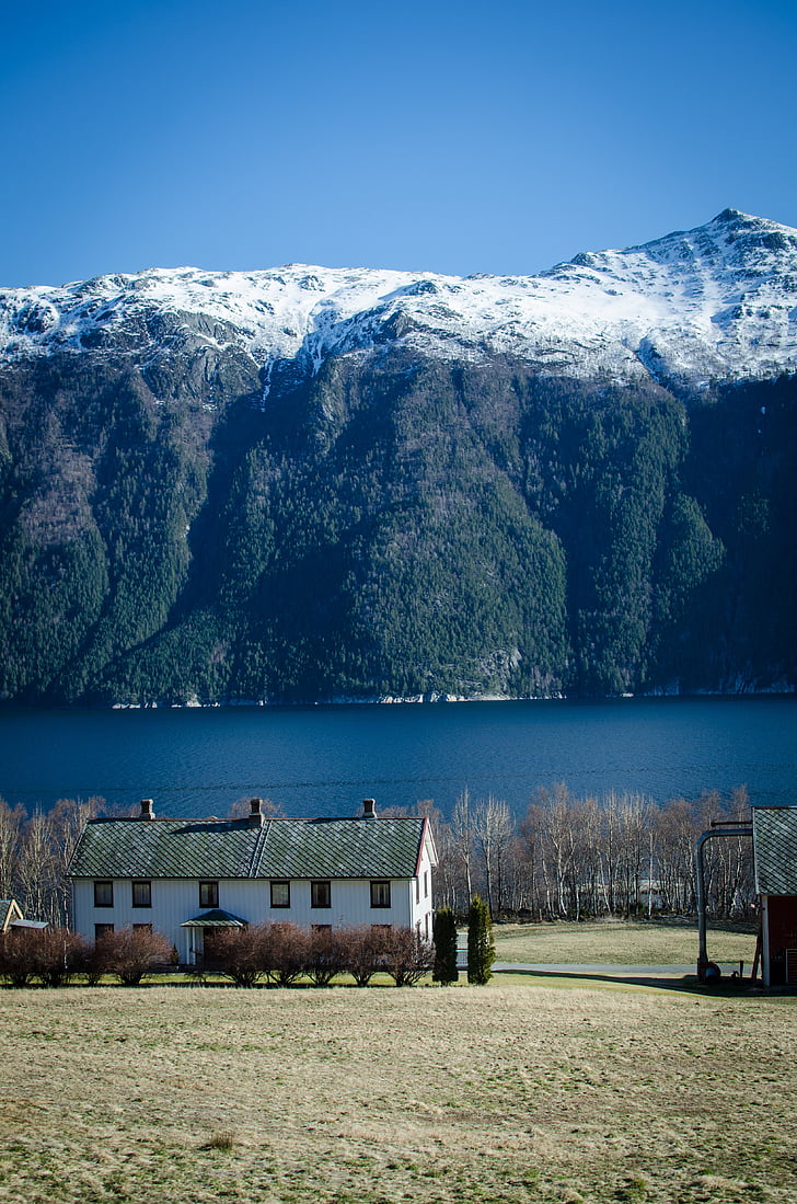 norway, mountains, house, building, snow, nature, lake
