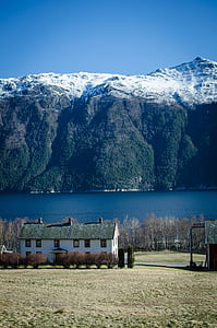 ノルウェー, 山, 家, 建物, 雪, 自然, 湖