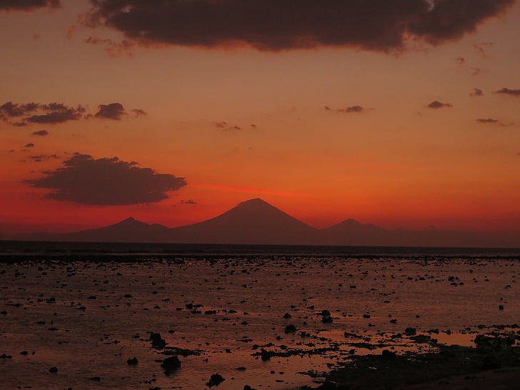 zonsondergang, vulkaan, vulkanische, natuur, zee, landschap