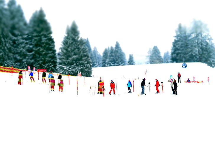 Escola d'esquí, classes d'esquí, efecte en miniatura, muntanyes, esquí, alpí, Ascensor