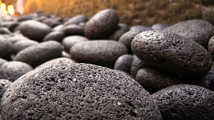 black, round, rocks