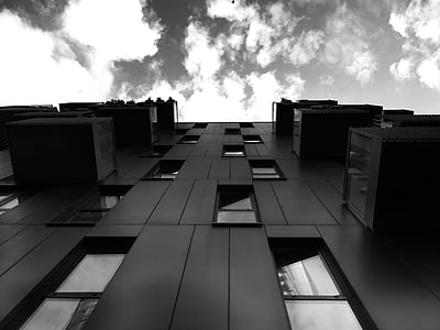 Appartamento, architettura, balcone, in bianco e nero, costruzione, nuvole, luce