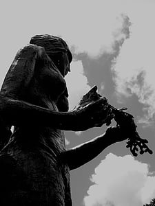 statuen, kvinne, himmelen, skyer