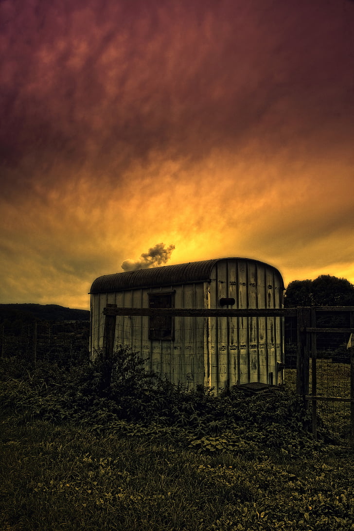 abendstimmung, sunset, dramatic, sheet metal hut, farm, abandoned, no People