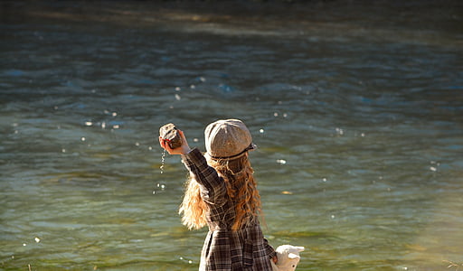 child, girl, water, stone, women, outdoors, people