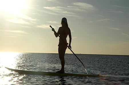 stand-up, Paddle board, coucher de soleil, silhouette, eau, été, stand