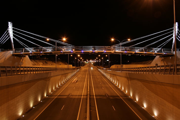 autoestrada, estrada, à noite, luzes, ponte, transporte, ponte - cara feita estrutura
