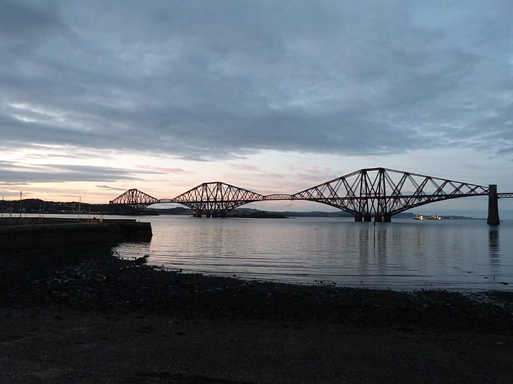 forth road railway bridge, railway bridge, scotland, dusk, rail, bridge, steel