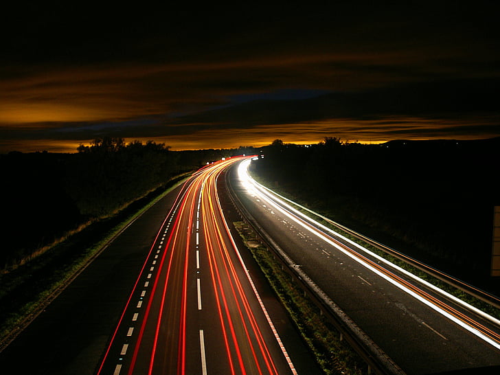 forma, carretera, luces, larga exposición, noche, carretera, transporte