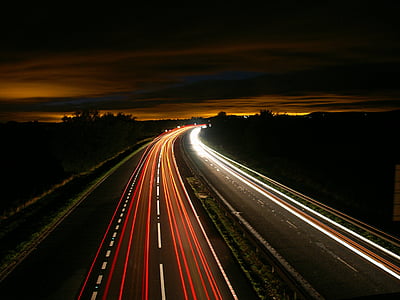 façon, autoroute, lumières, longue exposition, nuit, route, transport