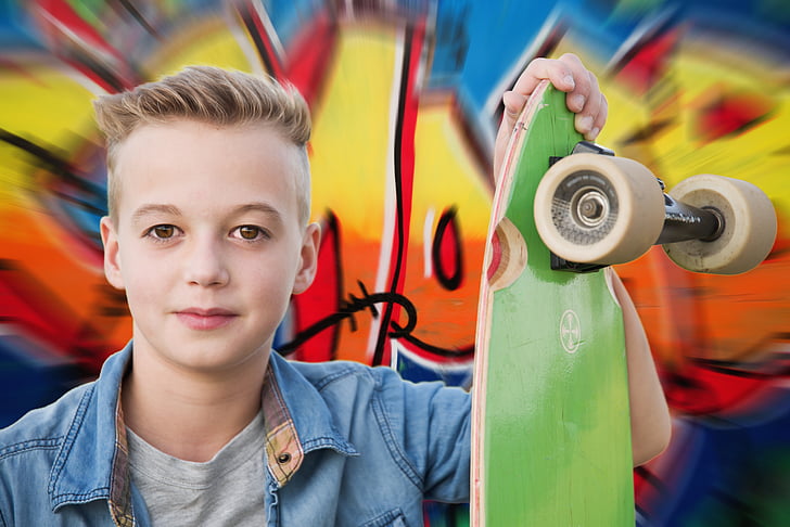 Longboard, Skateboarder, Skateboard, Juged, Porträt, Graffity, Junge