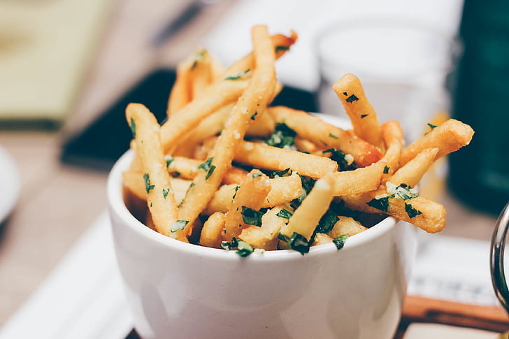 french, fries, parsley, leaves, white, ceramic, bowl