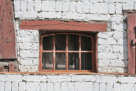 okno, staré, upadl, cihly, rošt