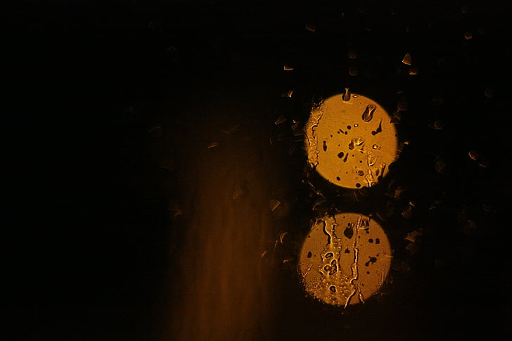 sklo, noční, deštivé, mokrý, okno, zlatý