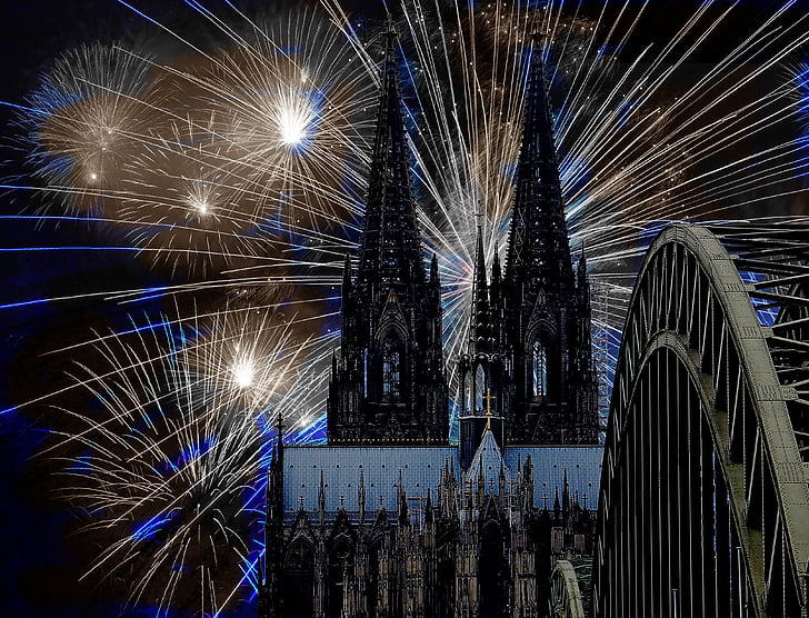 Καθεδρικός Ναός της Κολωνίας, πυροτεχνήματα, σκοτάδι, Πρωτοχρονιάτικο ρεβεγιόν, Ρομαντικό, διάθεση, εικόνα φόντου