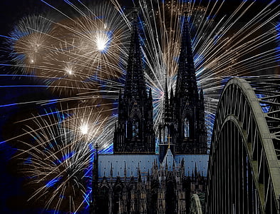 Kölnska katedrala, vatromet, tama, doček nove godine, romantična, raspoloženje, Pozadinska slika