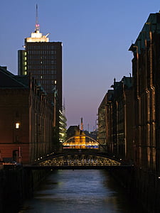 Hamburg, mosty, vody, Speicherstadt, budova, domy, kanál