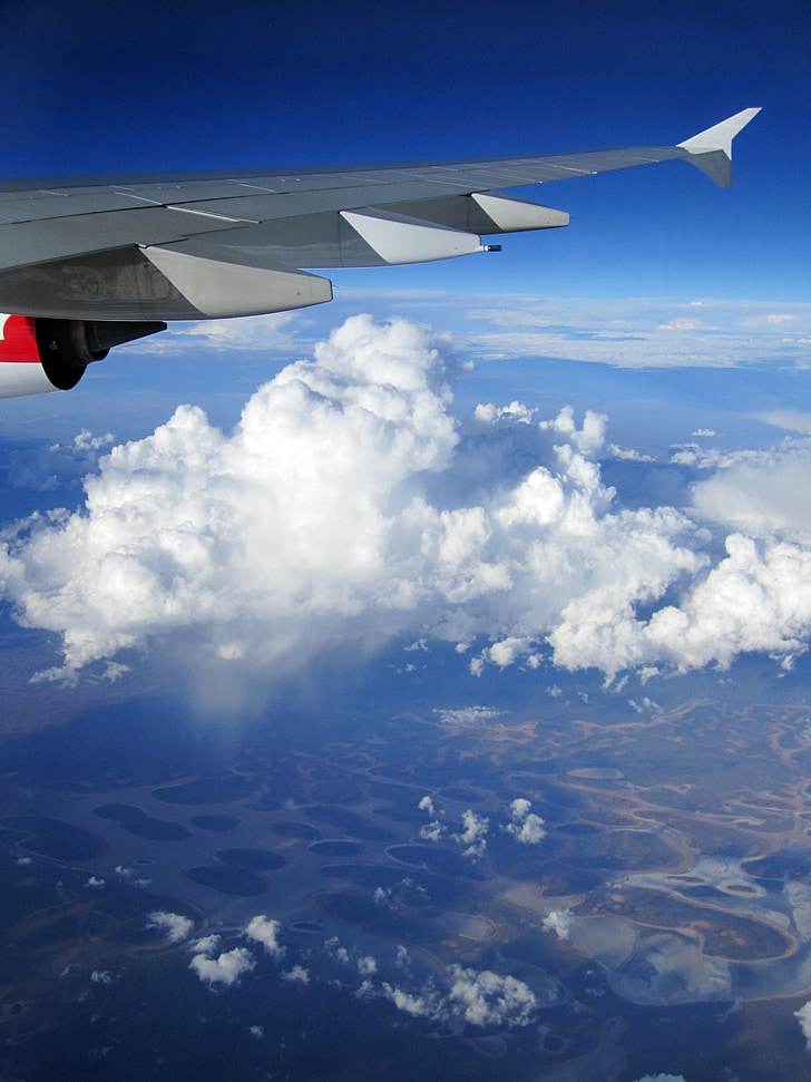 літак, крило, хмари, синій, Qantas, літати, небо