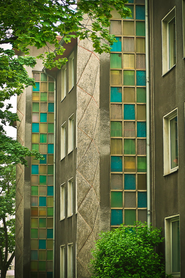 arquitectura, bloques de vidrio, edificio, mirando, vidrio, década de los setenta, antiguo