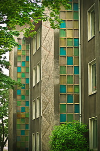 arquitetura, blocos de vidro, edifício, ao olhar, vidro, anos 70, velho