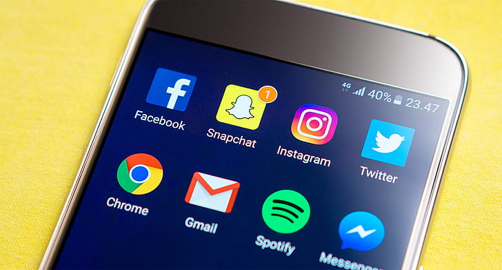 smartphone, képernyő, szociális média, snapchat, Facebook, Instagram, ikon