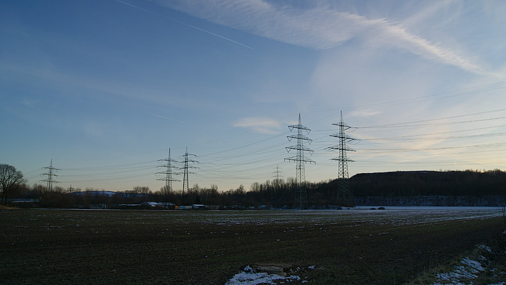 poli di potenza, linee elettriche, rete fissa, tramonto, paesaggio, natura