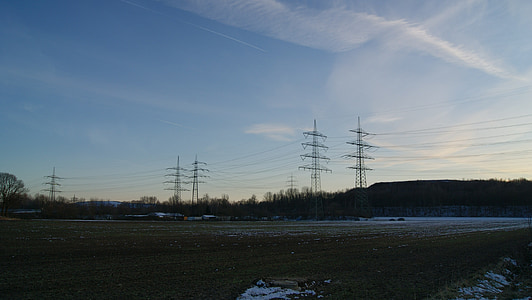 macht-Polen, elektrische leidingen, vaste lijn, zonsondergang, landschap, natuur