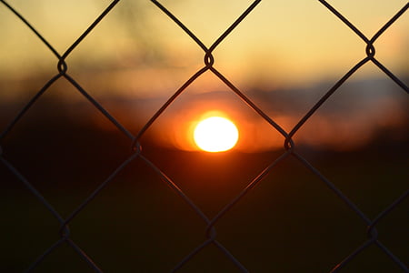 coucher de soleil, clôture, grille