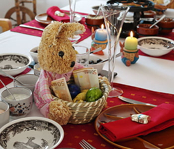 부활절, 토끼, 선물, 테이블, 보드, 먹으십시오, gedeckter 테이블