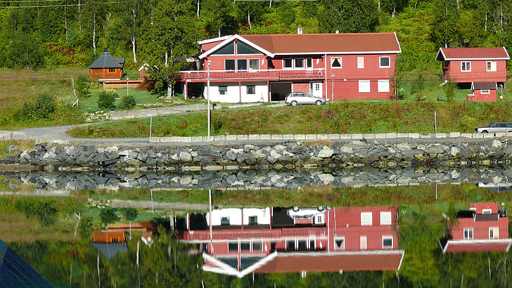 Fjord, rumah, Bank, mirroring
