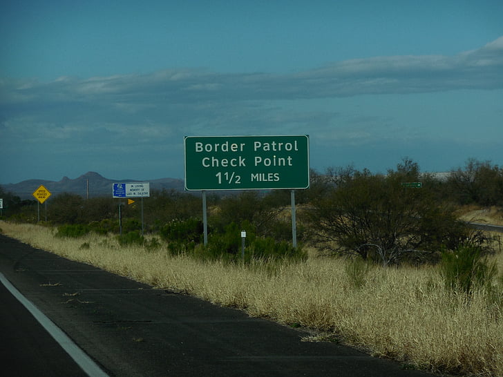 USA, gränspatrull, checkpunkt, tecken, militära, ins, Interstate 19