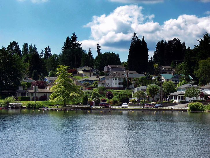 Lake stevens, Washington, alberi, Lago, acqua, riflessioni, cielo