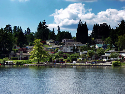 Lake stevens, Washington, stromy, jazero, vody, odrazy, Sky