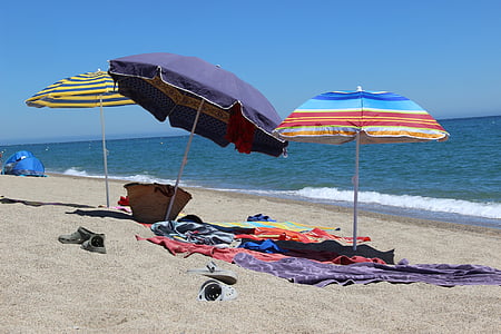 海滩, 海, 阳伞, 沙子, 地中海, 夏季, 假期