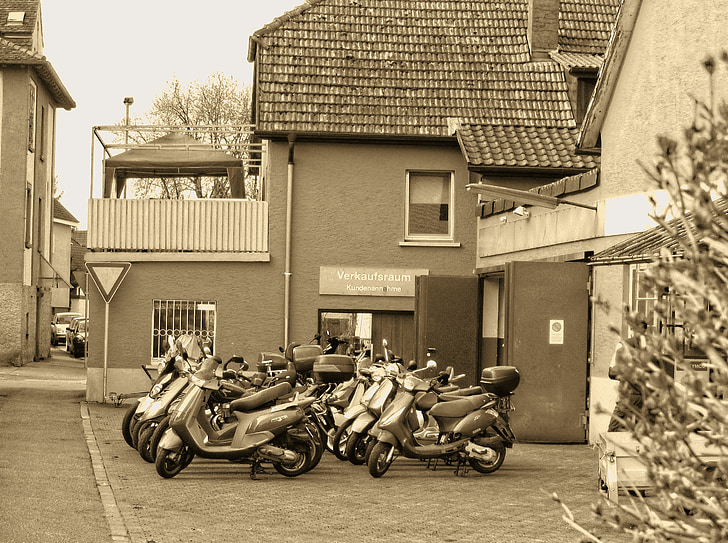 backyard, workshop, village, mopeds, machine, moped, motor scooter